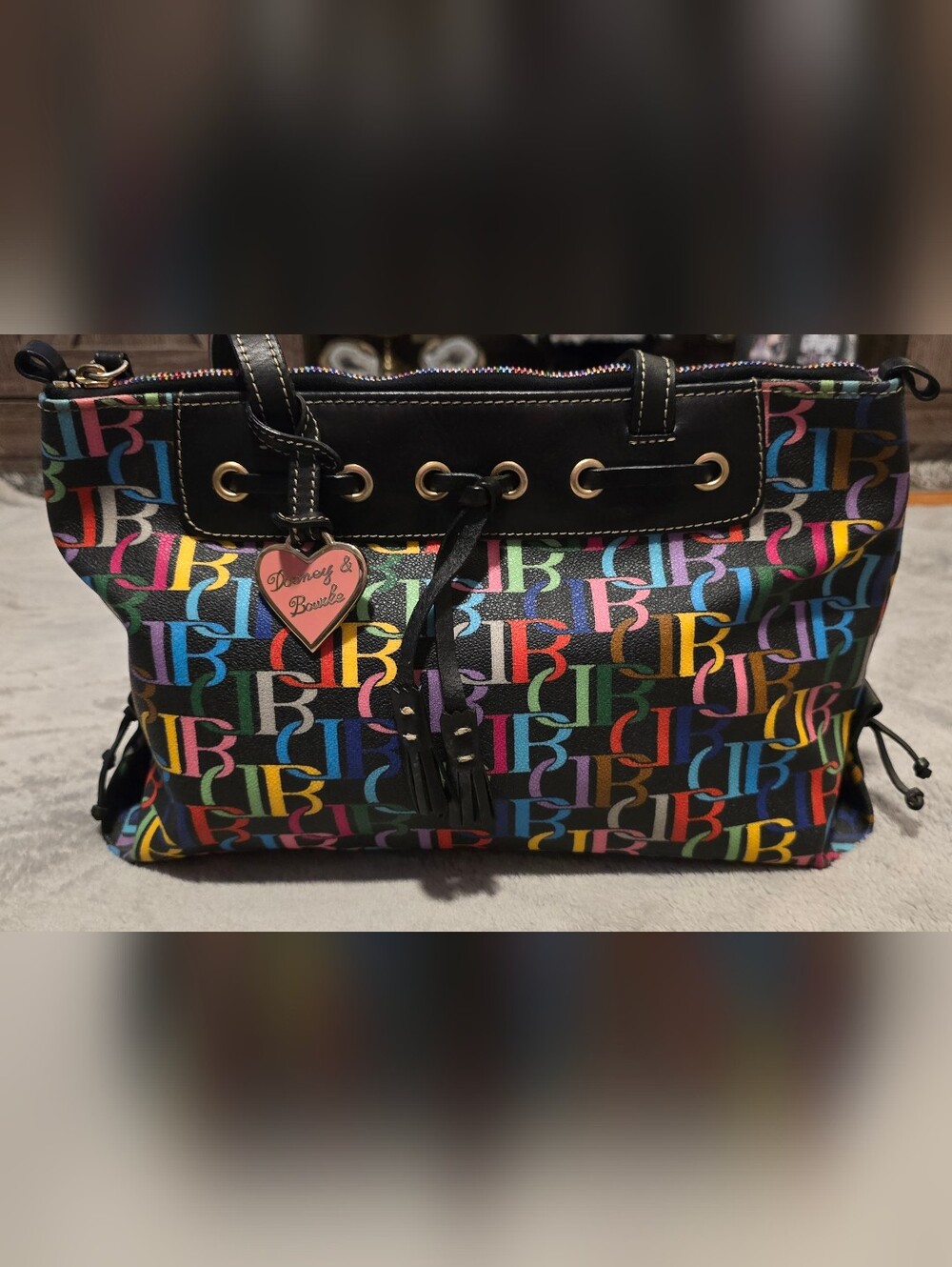 Dooney & Bourke Black Multicolor Signature Logo Tote with Heart Charm